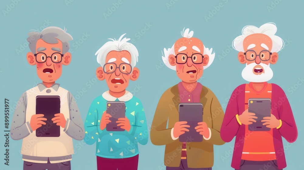 Aufkleber four elderly individuals express surprise while interacting with digital devices in a bright, cheerf