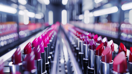 A line of vibrant lipsticks in various shades of pink and red, displayed in a modern, well-lit store.