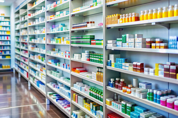 Colorful rows of medication bottles and packets line shelves in a tidy pharmacy, awaiting customers, with a blurred background and soft, natural lighting.