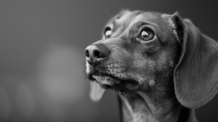 Fototapeta premium A black and white portrait of a dachshund with wise eyes and a wrinkled brow.
