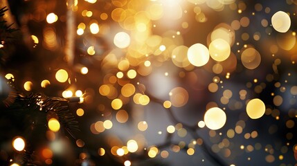  A background filled with golden Christmas lights, softly glowing and intertwined, creating a warm and festive 