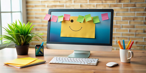 Smiling desktop screen displays helpdesk interface with resolved tickets and happy customer feedback, surrounded by colorful sticky notes and a modern keyboard.