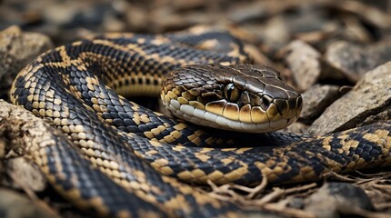 Fototapeta premium Close-up of a snake's head with its eye looking directly at the camera.