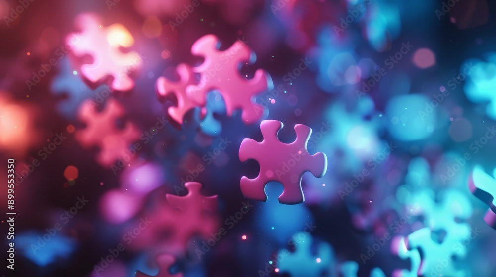 Poster floating colorful puzzle pieces in vibrant light. creative and playful concept.