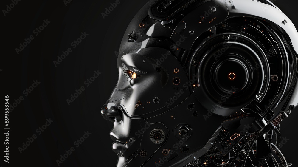 Poster Close-up profile of a futuristic humanoid robot with glowing orange eyes and intricate mechanical details. Symbolizes AI innovation and advanced technology.