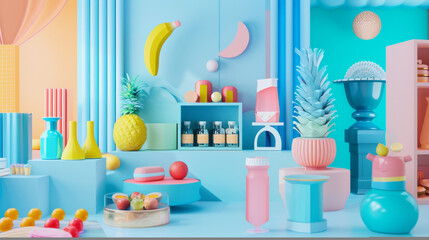 A detailed arrangement of pastel-colored household items and toys on a light blue background, creating a whimsical and organized display.