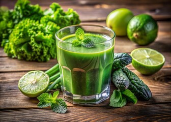 Freshly prepared vibrant green juice made with kale, spinach, cucumber, and lime, garnished with a sprig of mint, served in a glass on a wooden table.