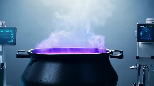 Witch&rsquo;s cauldron steaming mysteriously in dark laboratory at midnight