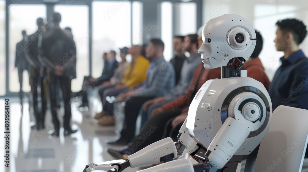 Aufkleber Robot sitting in a job interview waiting area with humans, focusing on advanced technology. The scene showcases the integration of AI in professional settings.
