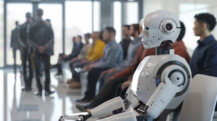 Fototapeta premium Robot sitting in a job interview waiting area with humans, focusing on advanced technology. The scene showcases the integration of AI in professional settings.