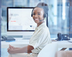 Portrait, customer service and black woman with headset, computer screen and agent in crm office....