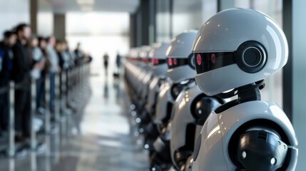 Robots and people in a queue for an event in a modern facility. The lineup signifies the future integration of AI and humans in various aspects of life.