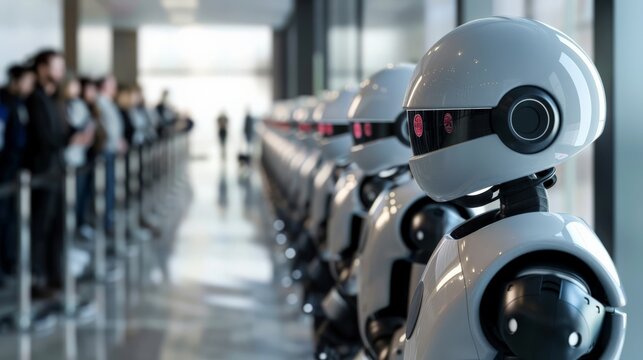 Robots and people in a queue for an event in a modern facility. The lineup signifies the future integration of AI and humans in various aspects of life.