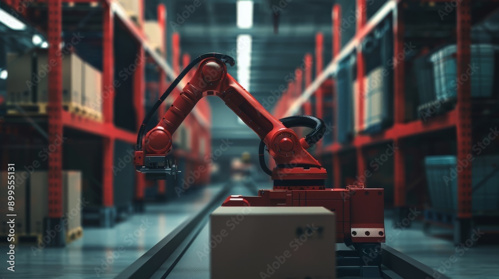 Poster Red robotic arm working in a dimly lit warehouse aisle filled with shelves. Advanced robotics and automation in industrial logistics.