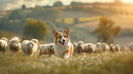 A Welsh Corgi expertly herds a flock of sheep through a pasture.
