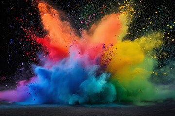 A dramatic burst of rainbow colored powder in an explosive motion, set against a dynamic background. This captivating illustration is perfect for projects requiring dynamic and vibrant visual