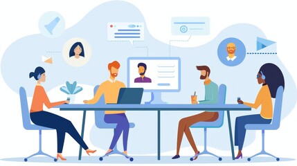 Show a marketing team holding a virtual meeting, collaborating with remote team members through video conferencing.