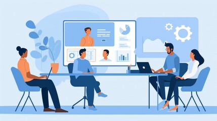 Show a marketing team holding a virtual meeting, collaborating with remote team members through video conferencing.