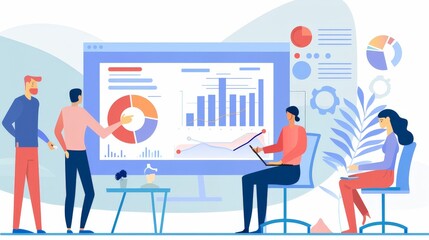 Fototapeta premium Show a marketing team preparing a detailed report on campaign performance, discussing insights, and planning improvements.