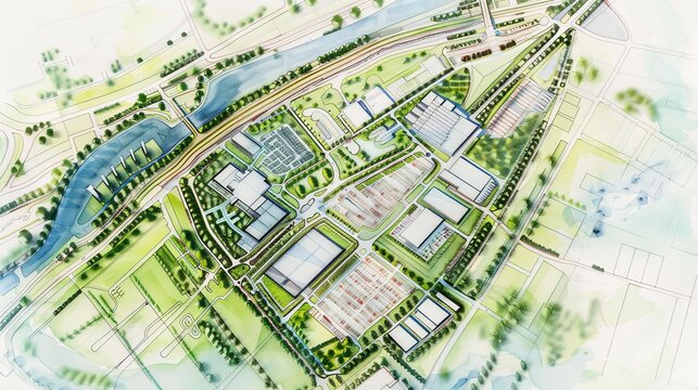Show an architect developing a master plan for a high-tech business park, incorporating cutting-edge facilities, green spaces, and efficient logistics.