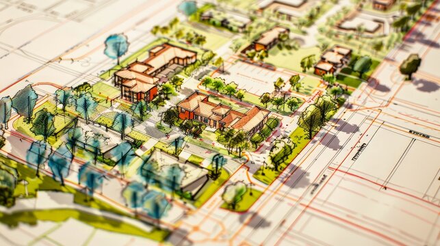 Show an architect drafting a detailed master plan for a residential neighborhood, highlighting the integration of community centers, schools, and recreational facilities.
