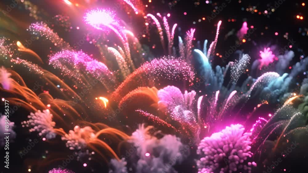 Poster A mesmerizing display of holographic fireworks composed of shimmering light particles exploding in a dazzling array of colors, illuminating the night sky with grandeur.