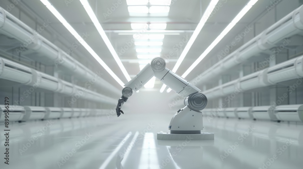 Aufkleber Robotic arm in a futuristic factory environment. Concept of advanced automation and technological innovation.
