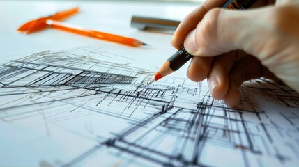 Show an architect working on a sketch of a futuristic airport terminal, capturing the innovative design, advanced infrastructure, and efficient layout.