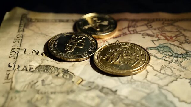 Gold Coins Resting On An Old World Map