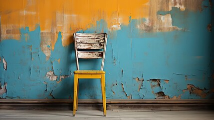 A solitary wooden chair is placed in a room featuring a wall painted in a rusty hue, 
