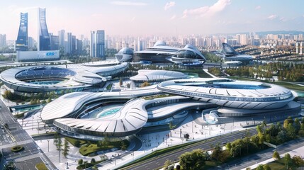 Sketch a futuristic sports complex, emphasizing advanced facilities, energy efficiency, and seamless integration with the surrounding urban environment.