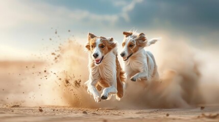 Borzoi running alongside a horse on a vast, open plain, with the wind blowing through its fur and a sense of freedom.