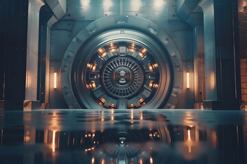 Massive bank vault doors wide open, symbolizing security, wealth, and access to valuable assets. The scene highlights the impressive structure and the importance of safeguarding financial resources.