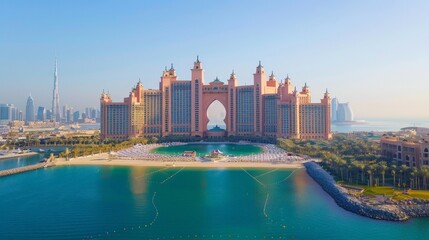Fototapeta premium This artificial archipelago is home to luxury resorts, fine dining, and pristine beaches. Spend your day relaxing by the water or exploring the many attractions, including the Atlantis 