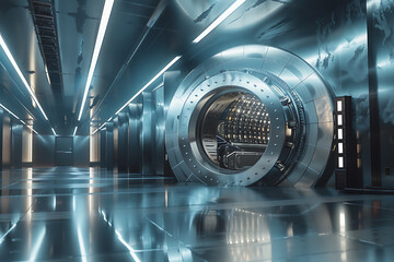 Massive bank vault doors wide open, symbolizing security, wealth, and access to valuable assets. The scene highlights the impressive structure and the importance of safeguarding financial resources.