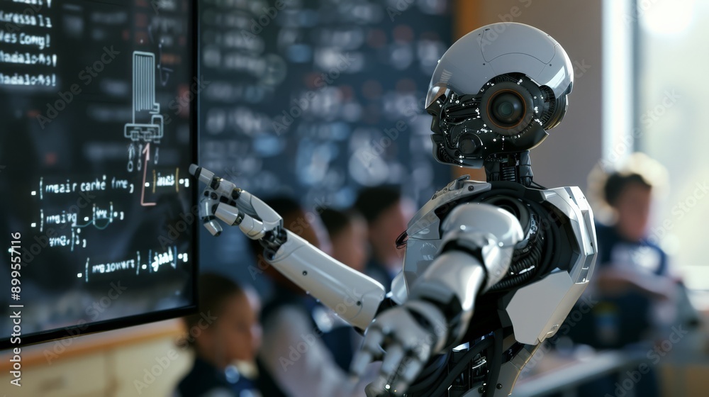 Leinwandbilder robot instructor pointing at digital chalkboard in classroom with students. futuristic education wit