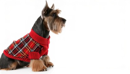 Scotty scottie dog or Scottish Aberdeen terrier with red sweater - Canis lupus familiaris - isolated on white background portrait closeup of face looking at camera