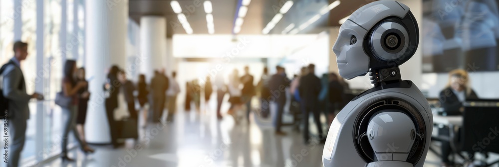Poster robot observing a busy crowd in a modern lobby, representing ai integration in everyday life. the im