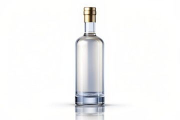 Luxurious clear glass vodka bottle with elegant label and sleek cap standing upright on a pure white background, showcasing its premium quality and sophistication.