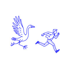 Man Running Away Followed by Large Bird outline line art icon