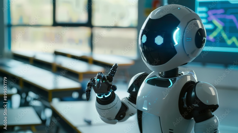 Poster Robot teacher pointing at a screen in a classroom. Integration of AI in teaching.
