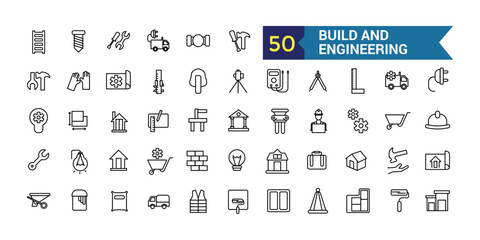 Build and Engineering line icon set. Outline icon collection. Editable vector stroke.