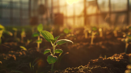 Seedling growth time lapse in a greenhouse setting at sunset