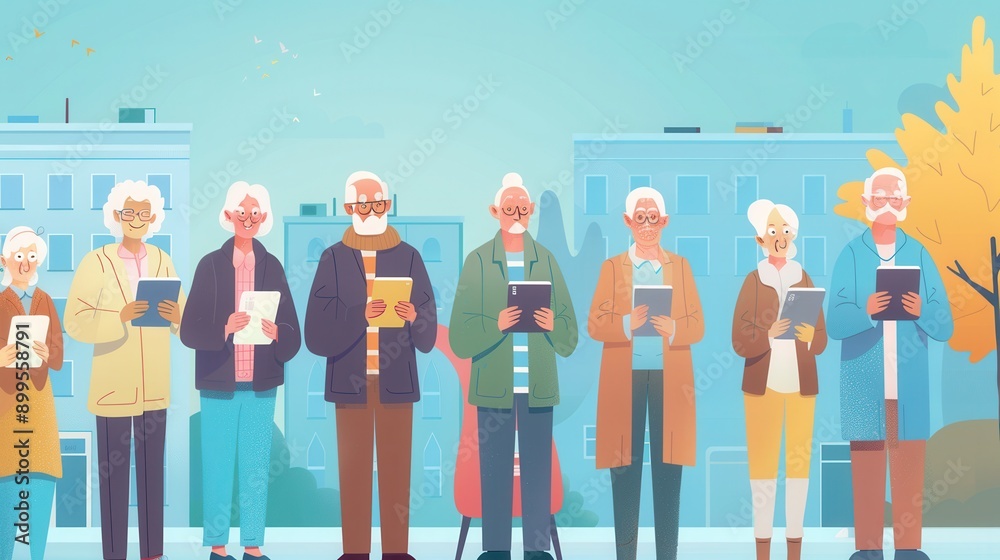 Poster a group of elderly individuals stands together, using tablets while enjoying a sunny day in a vibran