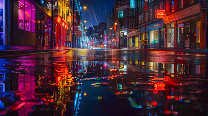 Nighttime reflection of colorful storefronts on a wet urban street