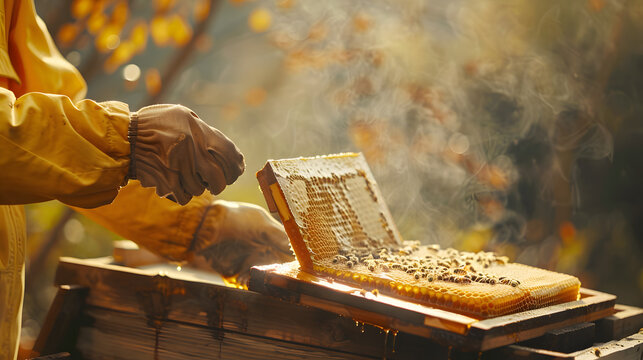 A beekeeper using a smoker on bees while inspecting a honeycomb frame, showcasing the traditional beekeeping practice in a sunlit, natural environment. - Powered by Adobe