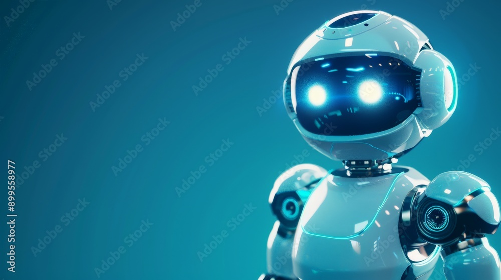 Aufkleber Futuristic robot with glowing blue eyes in a tech-inspired setting. Advanced AI and robotics concept.