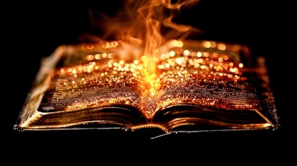 An enchanting book emits golden light and sparkles, symbolizing magic and knowledge in a captivating dark background.