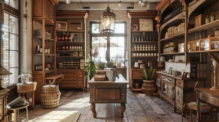 Fototapeta premium Discover the charm of a vintage shop with this 3D visualization. Shelves filled with antiques, nostalgic and a warm, welcoming atmosphere create a unique shopping experience.