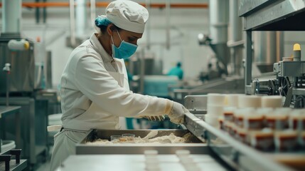 A factory worker loading raw ingredients into a machine for canning